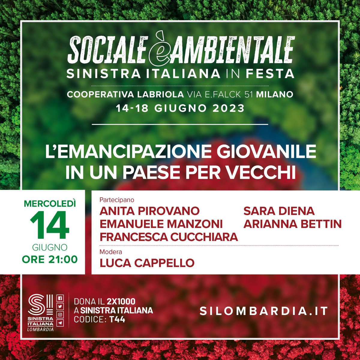 UStampaGPC's tweet photo. Il primo incontro SOCIALE È AMBIENTALE - SINISTRA ITALIANA IN FESTA alla Cooperativa Antonio Labriola

Mercoledì 14 giugno 
ore 21
L'EMANCIPAZIONE GIOVANILE IN UN PAESE PER VECCHI 
con
Anita Pirovano 
Emanuele Manzoni 
Francesca Cucchiara 
Sara Diena 
Arianna Bettin https://t.co/K2uZVCe4D8