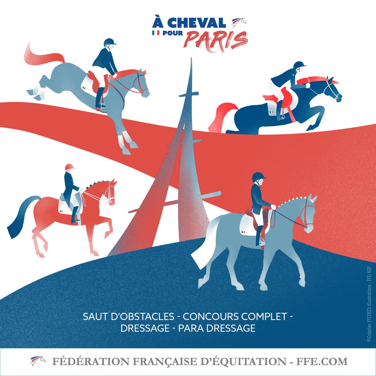 FFEquitation's tweet photo. En 2024 à Paris, la @FFEquitation alignera une équipe dans chaque discipline : saut d'obstacles, concours complet, dressage et para-dressage. 🙌🤩
Les couples faisant partie des listes "À CHEVAL POUR PARIS" sont connus ! 🔥 Découvrez-les ici. ⤵️ https://t.co/q8m7BT9vQw