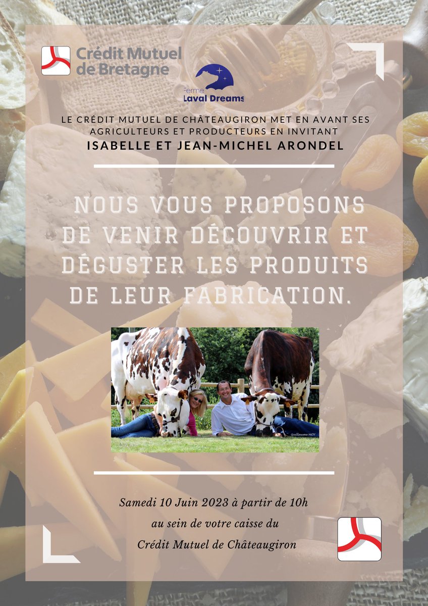 [ATELIER DÉGUSTATION]

La caisse de Châteaugiron vous accueille ce Samedi 10 juin en compagnie d’Isabelle et Jean-Michel ARONDEL de LAVAL DREAMS pour une dégustation de fromage ! 🧀

La priorité du <a href="/CMBretagne/">CMBretagne</a> : la mise en valeur de nos acteurs locaux 🇫🇷