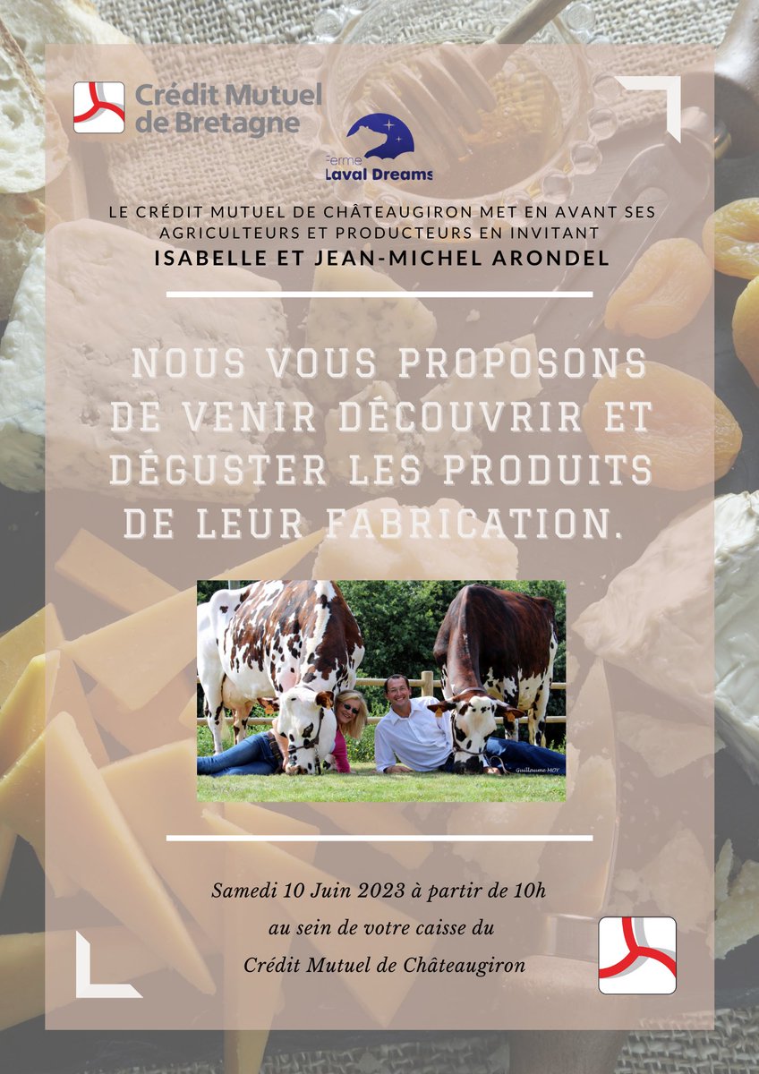 [ATELIER DÉGUSTATION]

La caisse de Châteaugiron vous accueille ce Samedi 10 juin en compagnie d’Isabelle et Jean-Michel ARONDEL de LAVAL DREAMS pour une dégustation de fromage ! 🧀

La priorité du @CMBretagne : la mise en valeur de nos acteurs locaux 🇫🇷