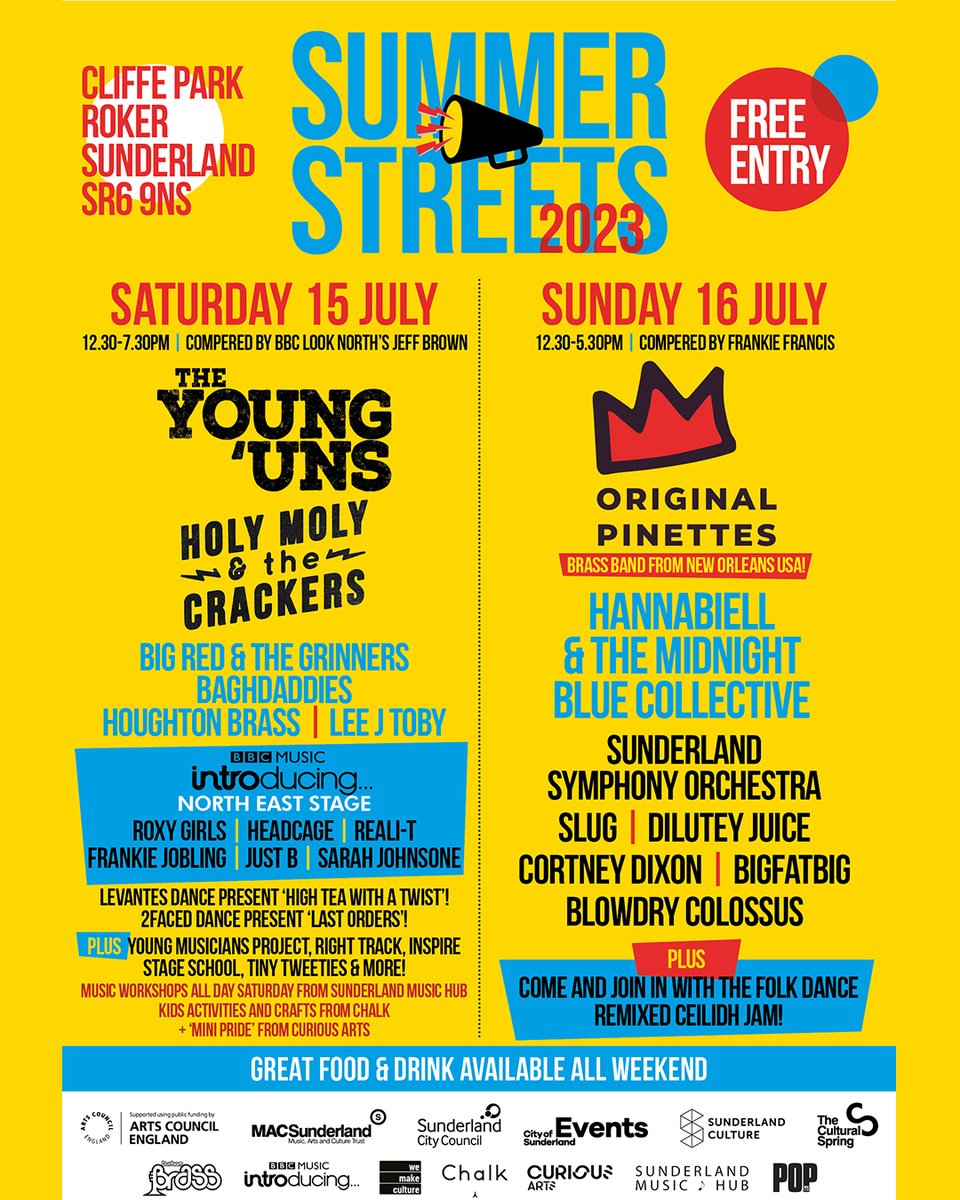 summerstreets_'s tweet image. Here it is! We’re excited to announce the line-up for this year’s Summer Streets Festival! ☀️
Don’t forget, we’re going to TWO DAYS this year - Sat 15th &amp;amp; Sun 16th July - ALL COMPLETELY FREE. 
Come and join us on the seafront at Cliffe Park, Sunderland for all of this! 👇