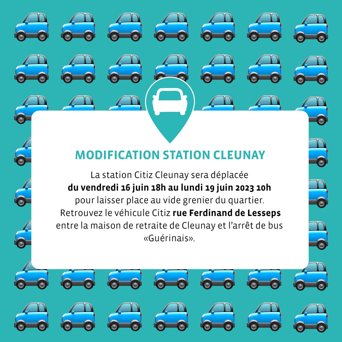 La station #Citiz #Cleunay sera déplacée pendant 4 jours pour laisser place au vide grenier du quartier. Du 16 juin au 19 juin retrouvez le véhicule :

📍 Rue Ferdinand de Lesseps
👉 Entre la maison de retraite de Cleunay et l’arrêt de bus «Guérinais»
 #ActuRennes #Autopartage