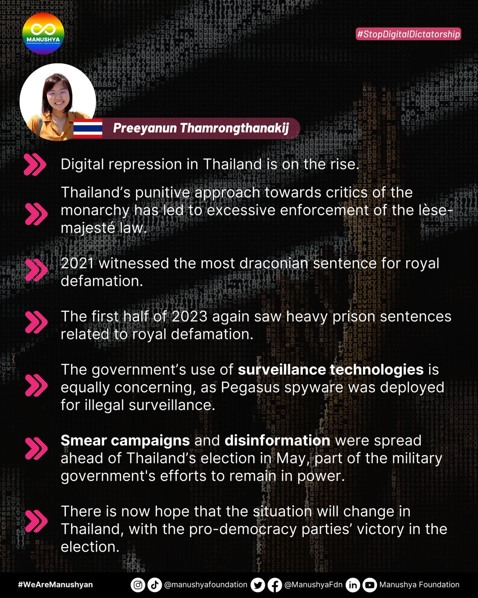ManushyaFdn's tweet image. On June 6, 2023, Manushya Foundation, together with partners, was at @RightsCon to highlight the threats to our rights in the digital space in Southeast Asia.
These include censorship, surveillance, and judicial harassment against activists.