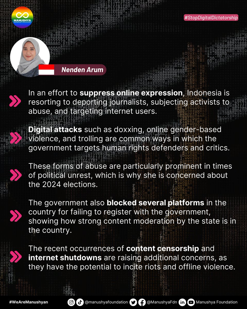 ManushyaFdn's tweet image. On June 6, 2023, Manushya Foundation, together with partners, was at @RightsCon to highlight the threats to our rights in the digital space in Southeast Asia.
These include censorship, surveillance, and judicial harassment against activists.