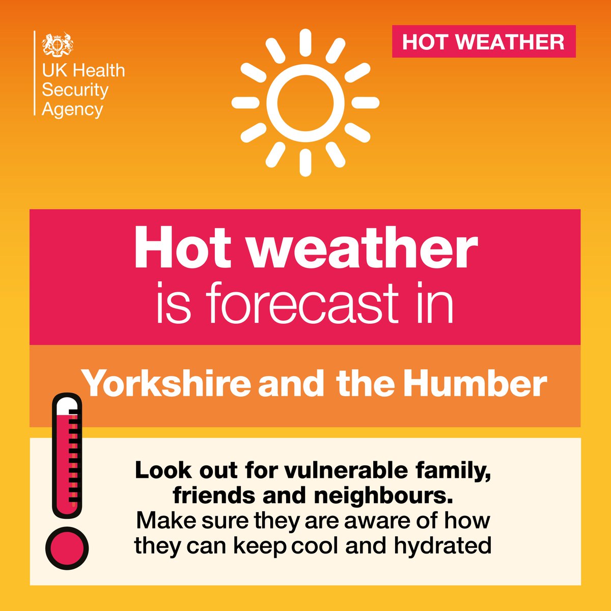 UKHSA Yorkshire and Humber (@ukhsa_yandh) on Twitter photo ☀️⚠️ Together with <a href="/metoffice/">Met Office</a> we have issued a Yellow Heat-Health Alert for #Yorkshire and the #Humber, from Friday 9 June to 9am on Monday 12 June.
Read more, including advice how to keep yourself and others safe during periods of hot weather: gov.uk/government/new… ☀️⚠️ Together with <a href="/metoffice/">Met Office</a> we have issued a Yellow Heat-Health Alert for #Yorkshire and the #Humber, from Friday 9 June to 9am on Monday 12 June.
Read more, including advice how to keep yourself and others safe during periods of hot weather: gov.uk/government/new…
