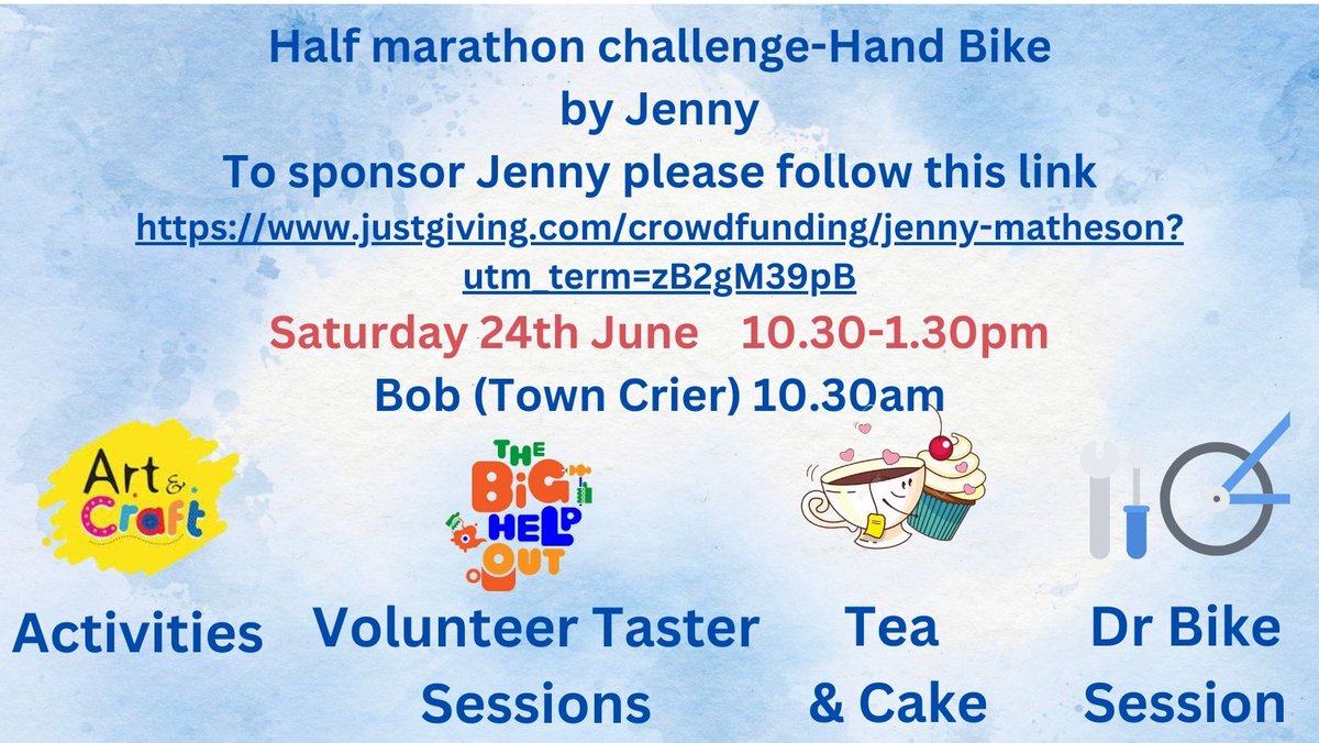 Please come and support Jenny on Saturday 24th June.  Our lovely Daz will also be completing a challenge on the hand propelled bike on Friday 23rd June and we will be cheering him on.  The hand propelled bike requires strength and resillience.  Thank you so much Daz & Jenny.  xx
