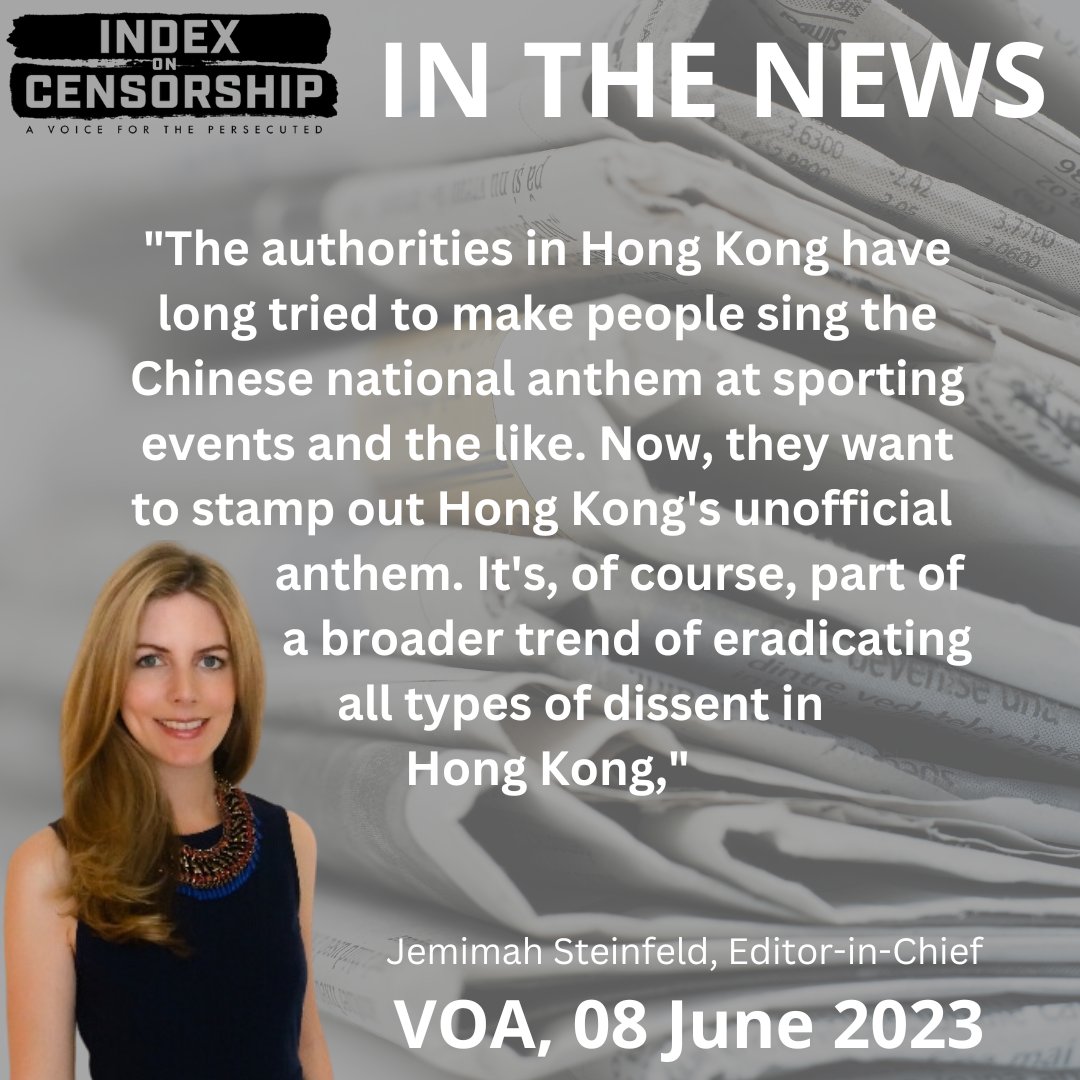 IndexCensorship's tweet photo. The decision by the Chinese authorities to stamp out the unofficial Hong Kong anthem is "part of a broader trend of eradicating all types of dissent in #HongKong".

Read @JFSteinfeld in @VOANews 
https://t.co/ytM8Ys5nwX https://t.co/NARwQ97a4c