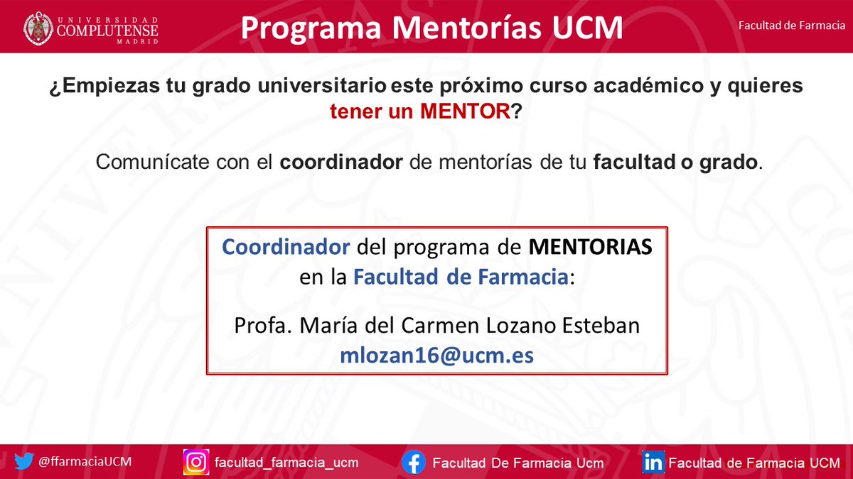 ffarmaciaUCM's tweet photo. ¿Eres estudiante de últimos cursos de un grado en
@unicomplutense ó Vas a comenzar a estudiar un grado?
Conoce el #ProgramaDeMentorias de nuestra UCM➡️https://t.co/DLlcbAetIC
Si te quieres apuntar contacta con el coordinador de tu facultad. En la @ffarmaciaUCM es
@CarmenLozanoEs https://t.co/j6s4w8yFGM