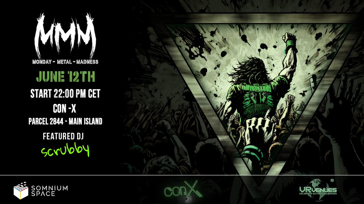 It’s that time again…MMM next week will be in #VR 

We might or might not be shooting a cross reality music video in the #metaverse for a #punk #rock band so make sure to swing on by and rock out with us! 🎥🔥🤫

See you in the Con-X Metal club in <a href="/SomniumSpace/">Somnium Space</a> 🔥🤪🤘