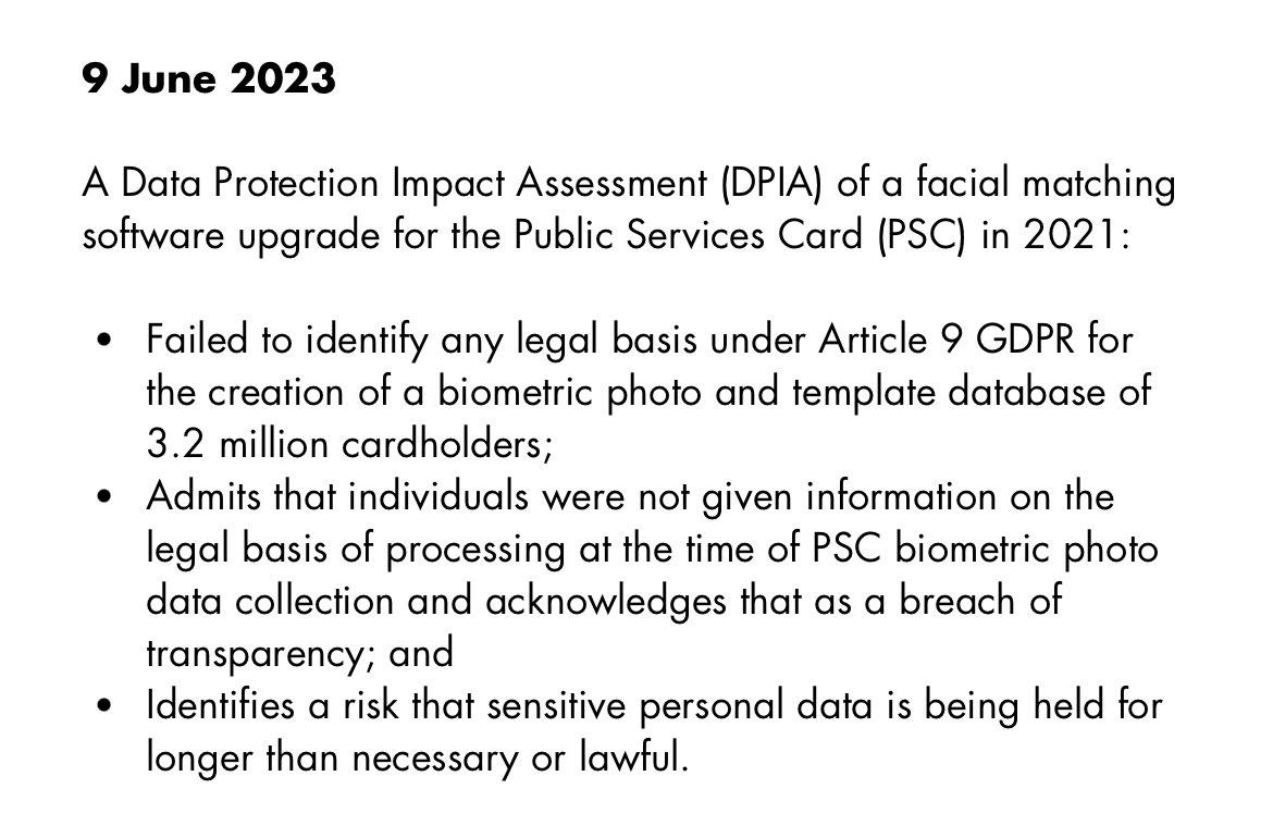 Tupp_Ed's tweet photo. These headlines from the ICCL/Digital Rights Ireland statement on KPMG’s PSC biometric database assessment will give some idea how destructive of the Dept’s defences it is.

This is what they have known, while denying any legal issues exist. https://t.co/qJcnH3eipr