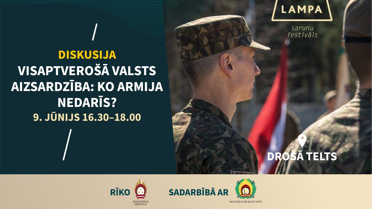 AizsardzibasMin's tweet photo. 💬 Sarunu festivāla pirmo dienu "Drošajā teltī" no pulksten 15.00 iesāksim ar diskusiju par sievietēm mūsdienu armijā, turpināsim ar sarunu par visaptverošu valsts aizsardzību, bet dienas noslēgumā runāsim par vērtībām kā drošības izaicinājumiem! https://t.co/NAOVYYc6PH