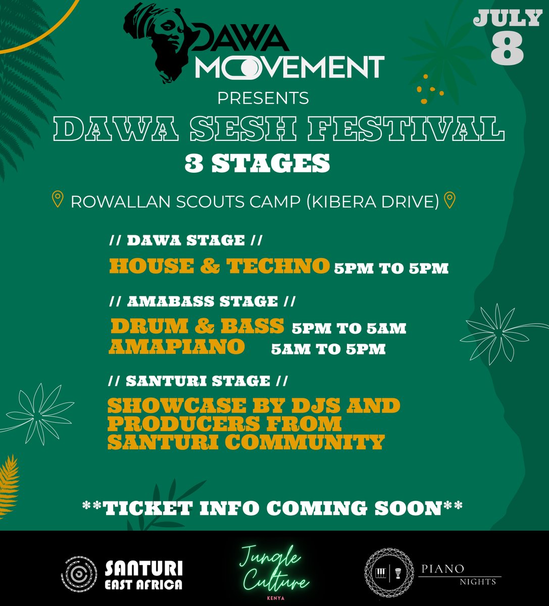 Drumrolls please 🥁🥁🥁
 Announcing The DAWA SESH FESTIVAL: A first of its kind, we are exactly one month away from Kenya’s first 24-hour EDM and art experience showcasing multiple electronic music genres and subgenres!!
Venue: Rowallan Camp, Kibera Drive
Date: 8th - 9th July
