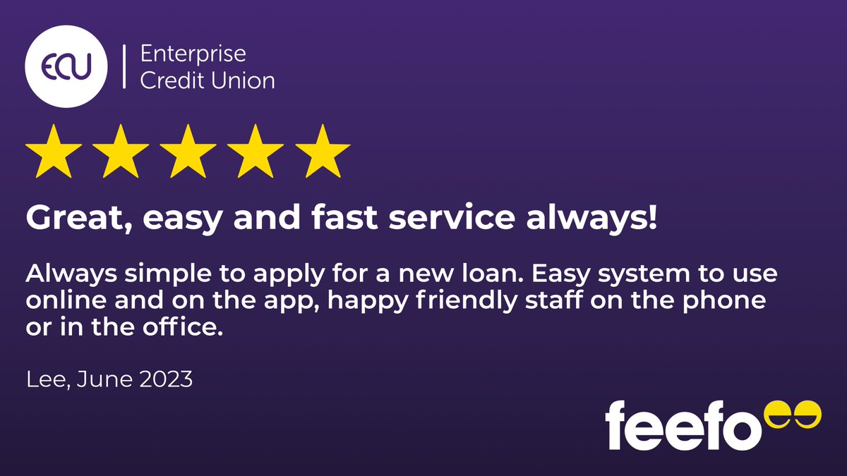 #FeefoFriday
This is what we do everyday! for everyone!
Find out more on how as an Employer and your Employees can benefit and be part of our excellent company Enterprise Credit Union #FinancialWellbeing #FinancialResilience #StaffBenefit
lnkd.in/eSNMaFj5