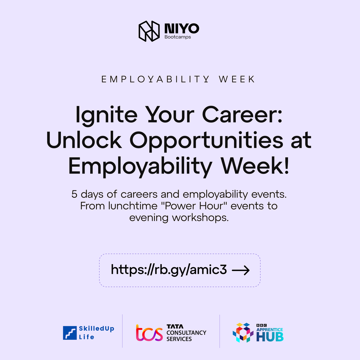 NiyoLabs_'s tweet photo. Join us for #EmployabilityWeek taking place from the 12th – 15th June 2023.
From lunchtime "Power Hour" events to evening workshops, take advantage of the upcoming 5 days to gain support you through your employability journey.
Register here: https://t.co/MiKgmVHDc6 https://t.co/f3Tsg1cM6f