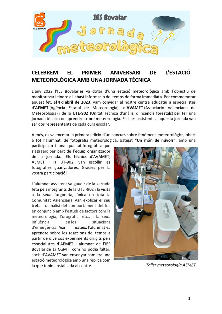 AEMET_CValencia's tweet photo. Hace 2 meses estuvimos en el @iesbovalar de Castelló de la Plana haciendo divulgación junto con @AEMET_Medina, @avamet y técnicos de la Unidad Técnica UT 902 de @GVAagroambient. Ayer hicieron balance de la jornada y entregaron los premios del concurso de fotografía. ¡Enhorabuena! https://t.co/yrqCWa2bQ0