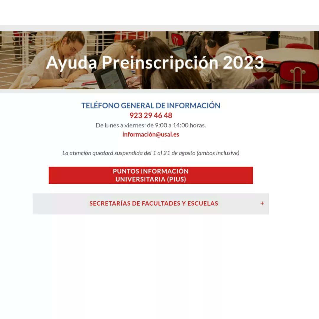 SpioUsal's tweet photo. Contacta con el Servicio de Promoción, Información y Orientación para resolver tus dudas sobre preinscripción en la Universidad de Salamanca @usal

👉 https://t.co/yQ5dwuYD8p
☎️ 923 294648
📫 informacion@usal.es https://t.co/7pw5Qa5dQj