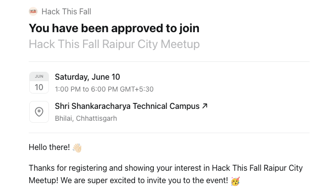 Ayush_7477's tweet image. If you're also coming to #HTFRaipur ,
See you there!✨
@siddharth_hacks - I hope you're coming too, would love to connect with you and all the folks attending🤝🏻
#HTFMeetups @hackthisfall