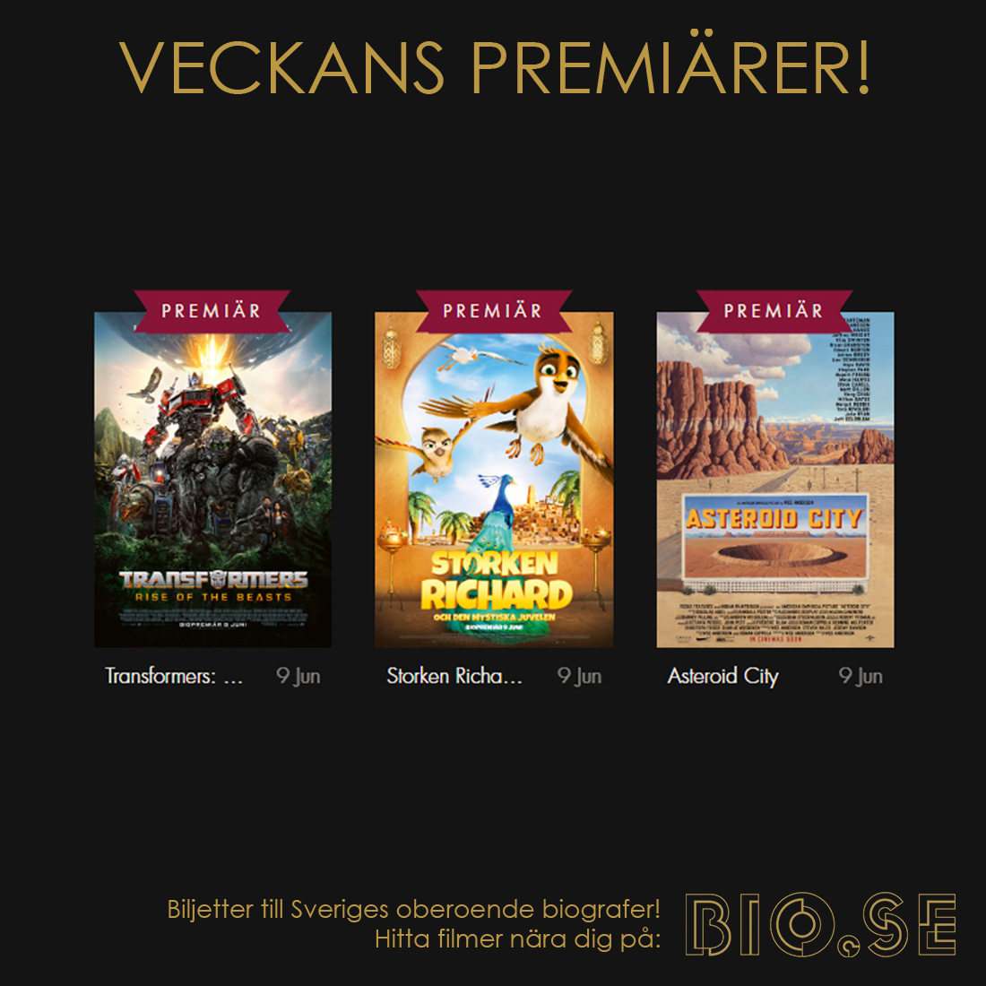 Bio är väl det perfekta avslutet på veckan? Det tycker vi i alla fall! Här kommer helgens premiärer 🥳

#TransformersRiseOfTheBeasts #StorkenRichardOchDenMystiskaJuvelen #AsteroidCity #veckanspremiärer #filmtips #biopremiär #biopunktse #filmpåriktigt