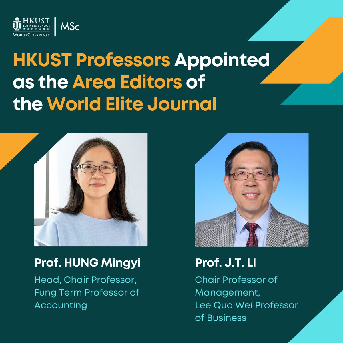 hkustmsc's tweet photo. We are thrilled to announce that two of our professors, Professor HUNG Mingyi and Professor J.T. LI, have been appointed as Area Editors of the Journal of International Business Studies (#JIBS) - a highly respected academic journal in the field of business studies! https://t.co/nuqhKF5lEK