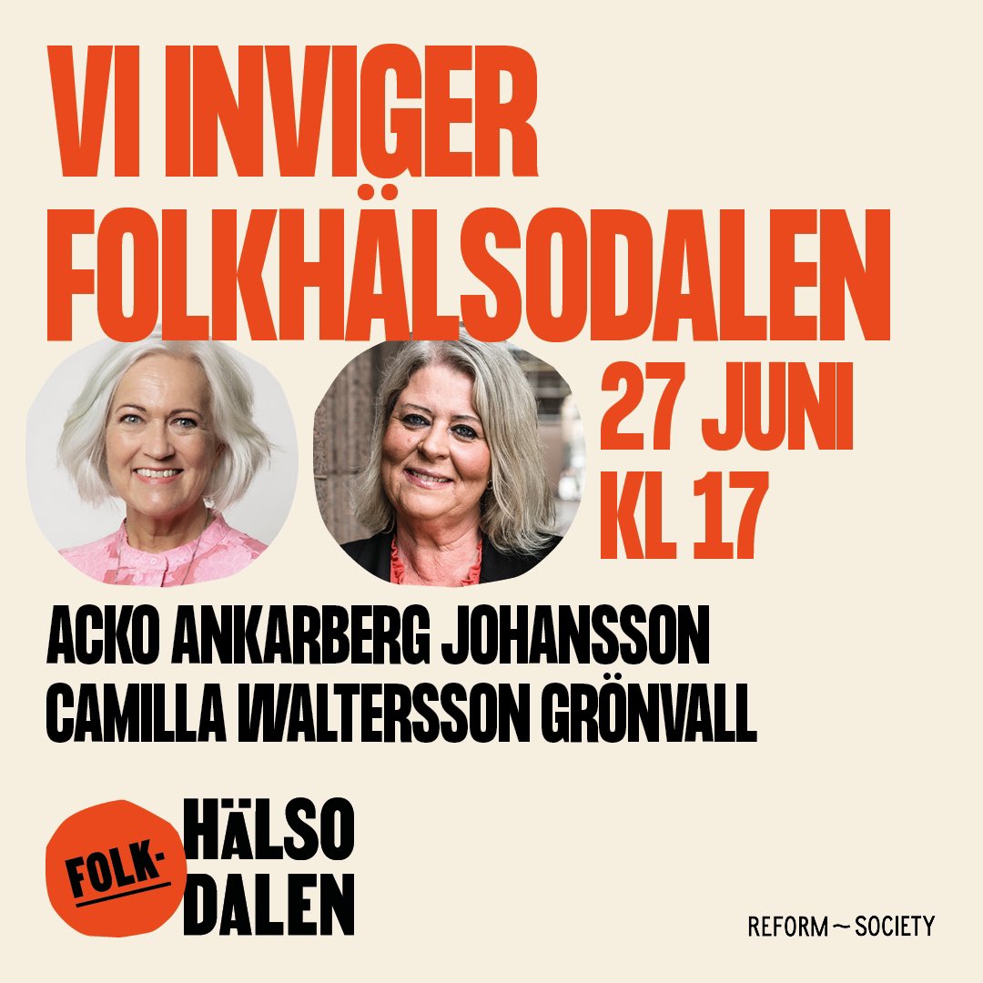 Sjukvårdsminister <a href="/AckoAnkarberg/">Acko Ankarberg J</a> och socialtjänstminister <a href="/CamillaWalterss/">Camilla Waltersson Grönvall</a> invigningstalar när Folkhälsodalen slår upp portarna i Visby den 27 juni klockan 17.00. Välkommen! ☀️ Sedan följer två fullspäckade dagar med hälsopolitiska samtal: folkhalsodalen.se/kommande-evene… #Folkhälsodalen