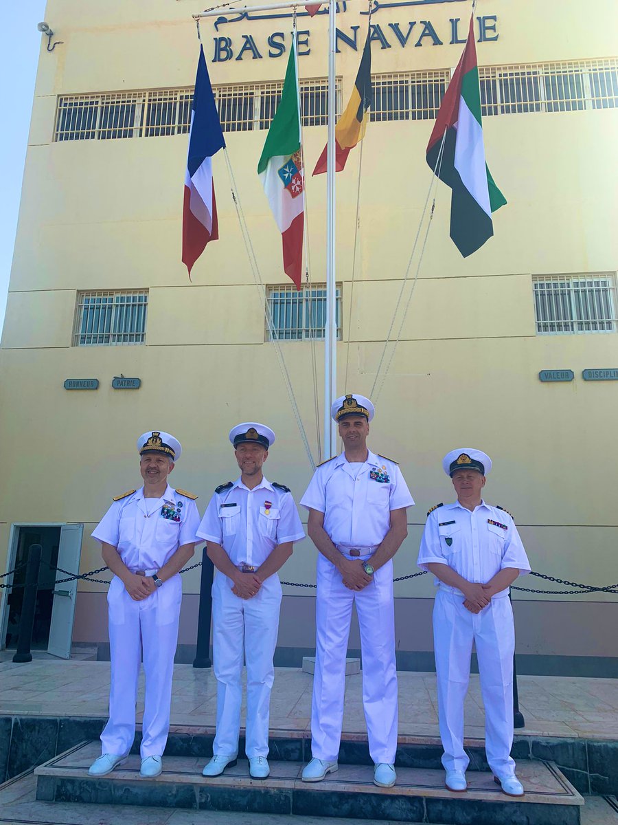 AntoynDelcourt's tweet photo. Early morning handover in Abu Dhabi 🇦🇪 of the tactical command of the maritime operation @EMASOH_AGENOR from Belgium 🇧🇪 to Italy 🇮🇹 in the presence of the future Chief of the Belgian Navy 🇧🇪, Admiral Tanguy Botman. Belgium remains committed to maritime security. Congratulations again to Admiral Renaud Flamant for his leadership and amazing carrier 👏. Thanks also to the Belgian Navy officers and staff for their expertise and great professionalism. You made us proud once again. 
💪🙏🏻 🇧🇪🤝🇦🇪

#Emasoh #maritimesecurity 
@TheBelgianNavy @BelgiumDefence @BelgiuminUAE @BelgiumMFA @MonarchieBe