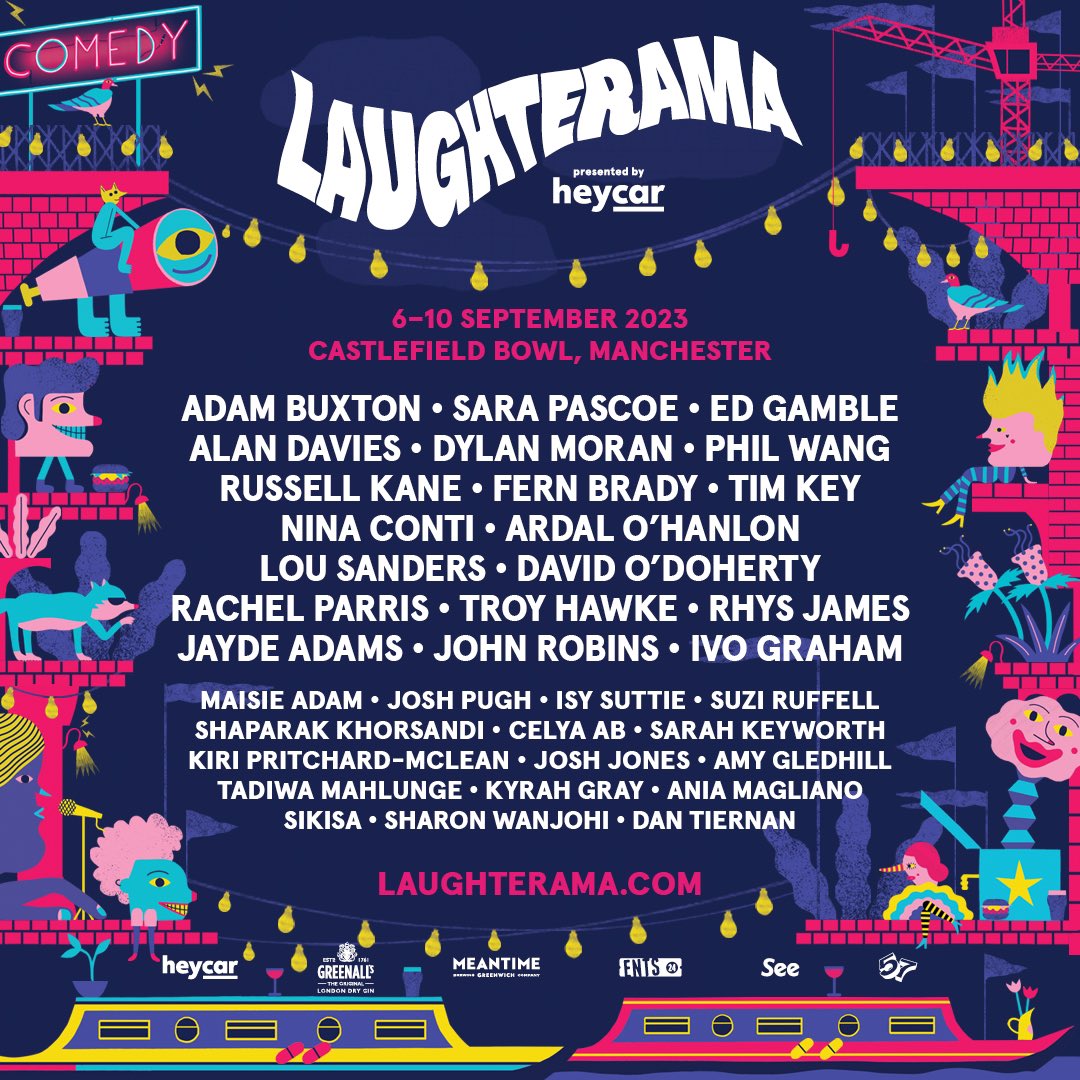 Hey Manchester👋Laughterama is back⚡️ We’re thrilled to present our HUGE line-up with ADAM BUXTON, ED GAMBLE, SARA PASCOE, PHIL WANG, FERN BRADY, ALAN DAVIES & many more! Join our return to the awesome Castlefield Bowl💥 🗓️Sept 6-10 Tix on sale🔗🎟️👇 laughterama.com