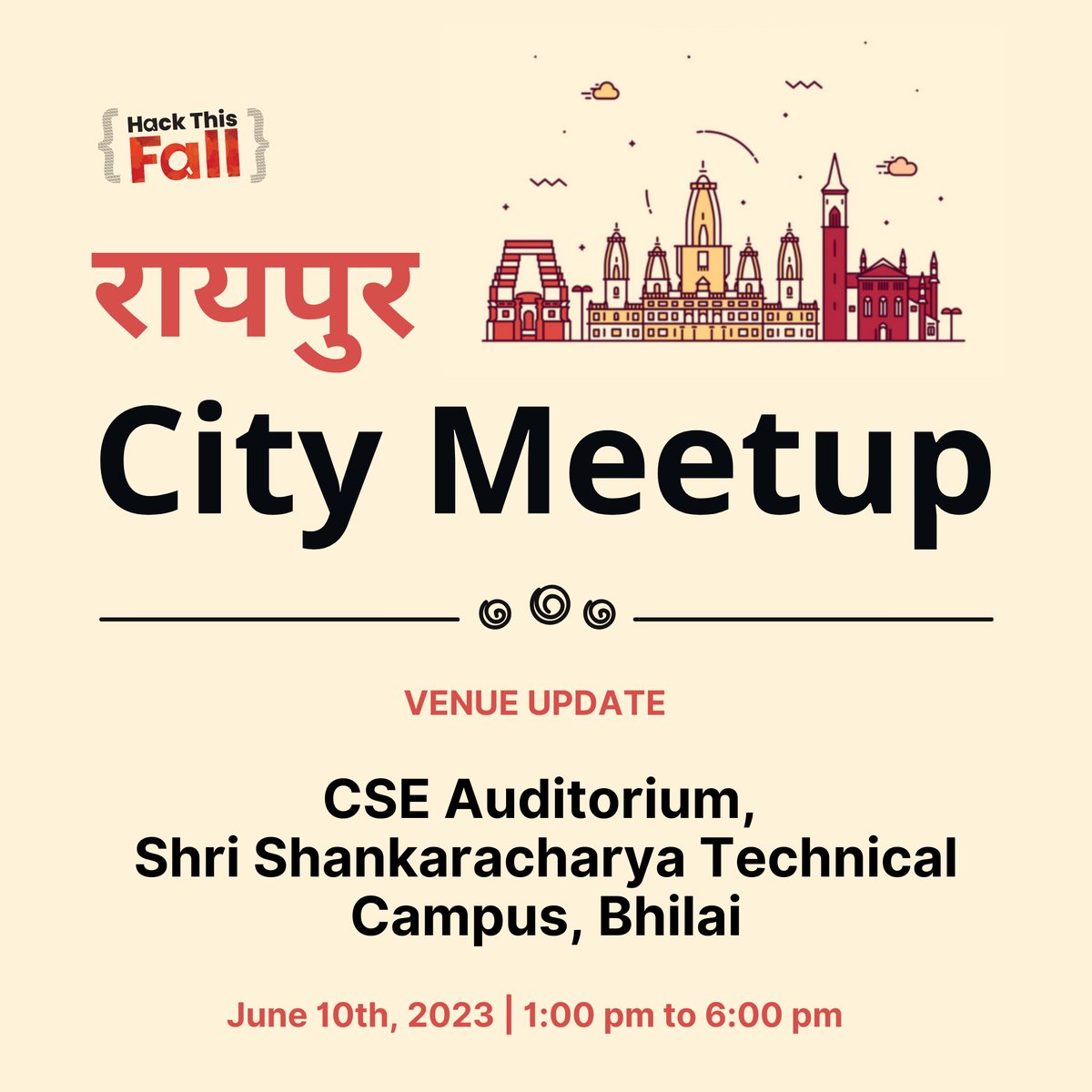 hackthisfall's tweet photo. Hey, folks from Raipur 👋🏻 

We have a little update on the Venue. It will be hosted at the 📍CSE Auditorium, Shri Shankaracharya Technical Campus, Bhilai✨

🗺 Find the Map Link here: https://t.co/kWxFcK9Aqb

🚀 If you haven't registered yet, register now: https://t.co/mKPjCuVhp6 https://t.co/14yvVyKksP