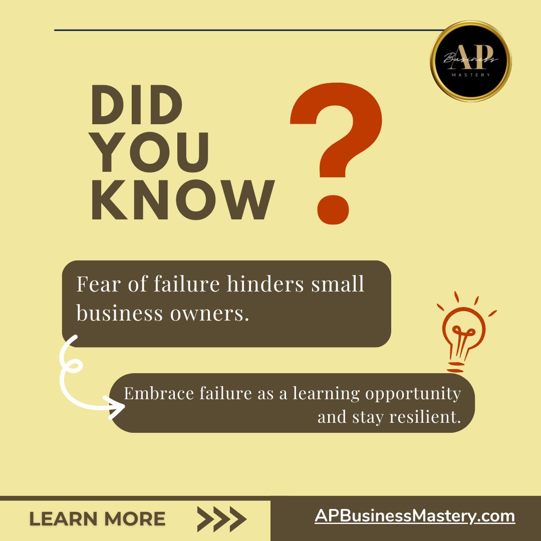 🌟 Did You Know 🌟

 Fear of failure hinders small business owners. Embrace failure as a learning opportunity and stay resilient. 💪

APBusinessMastery.com

 #SmallBizTips #EmbraceFailure #Resilience #LearningOpportunity #APBusinessMastery #BusinessSuccess #Entrepreneurship