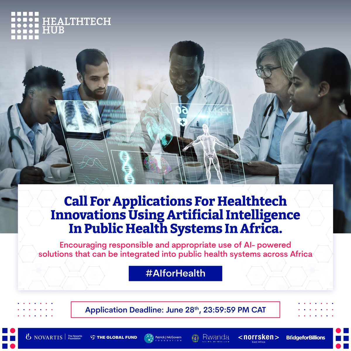 Funding Opportunity for HealthTech Innovations in Africa!
We are thrilled to announce the launch of the #AIforHealth challenge, a collaboration between the HealthTech Hub Africa and The Patrick J. McGovern Foundation.
#AIforHealthChallenge #HealthTechInnovation