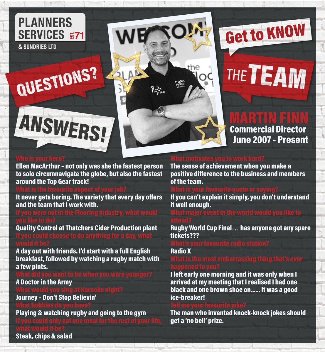 pss_flooring's tweet photo. 🎬 Get to know the PLANNERS Team! 🎬
Meet Martin #numbersman has a keen eye for the numbers and is all about precision.
A Fantastic Manager who we are lucky to have had on board for nearly 16 years! 👏💪🎉BIG #thankyou
#planners #developingleaders @pss_flooring https://t.co/nQ3cKKDfUg