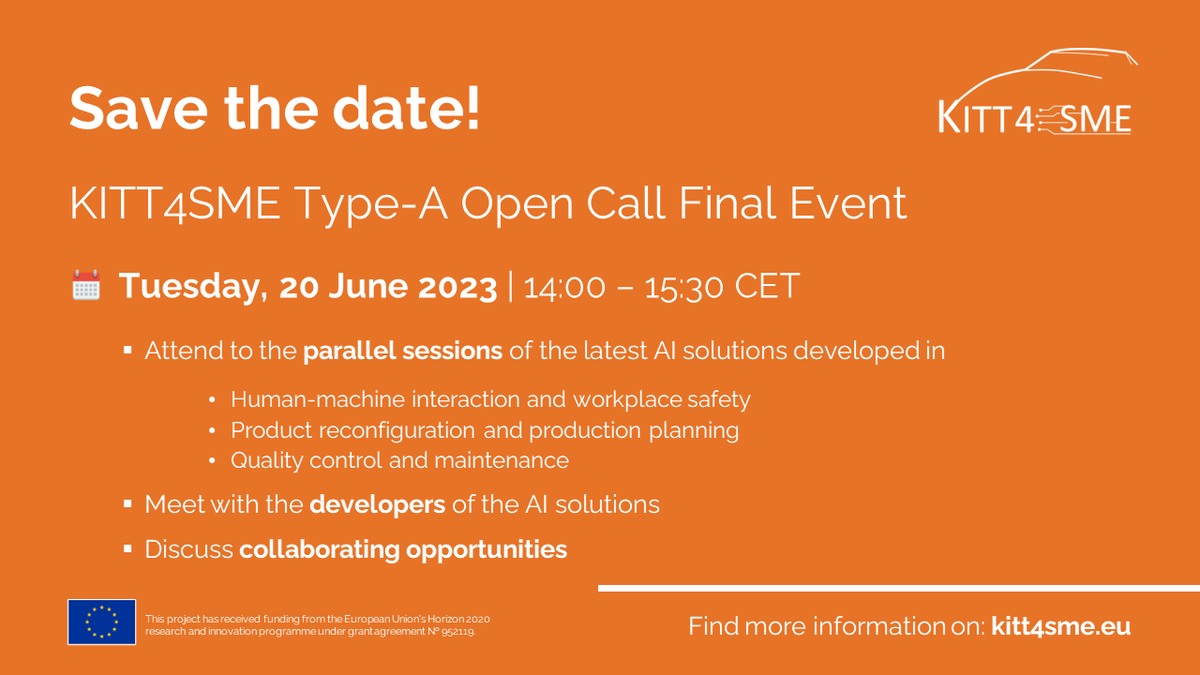📢 Register to the Type-A Open Call Final Event! 📢 10 Open Call actions have completed the integration of their #AIsolutions for the #manufacturing industries. 📅 20 June 2023 ⏰14:00 – 15:30 CET Register here 👉 lnkd.in/dvyG7qTH #AI #aiformanufacturing #SMEs