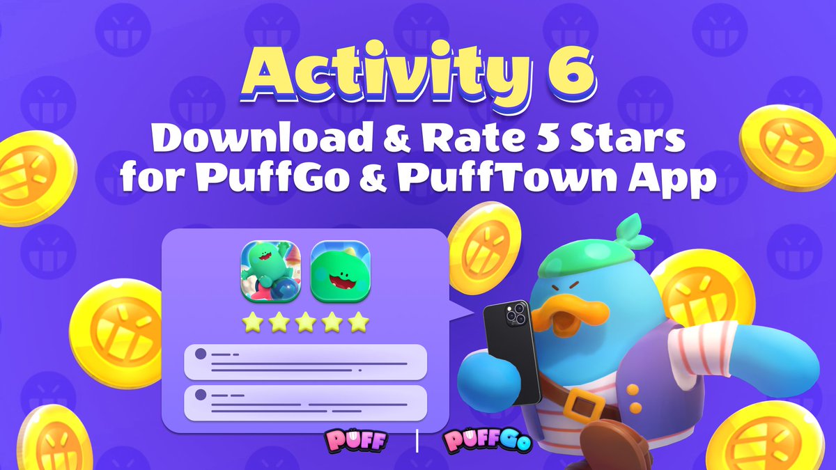 Rate #PuffGo & #PuffTown Apps to win 500 Coins each immediately!

Offseason Activity #6
⭐️ Rate 5★ & comments on App Store or GetApps 
✍🏻 Fill it out to be eligible: forms.gle/3YHRUJA25zdJpS…
🪙 Coins will be sent ASAP after the check

Accumulate!
 ➡️ bit.ly/3ON4Ws8