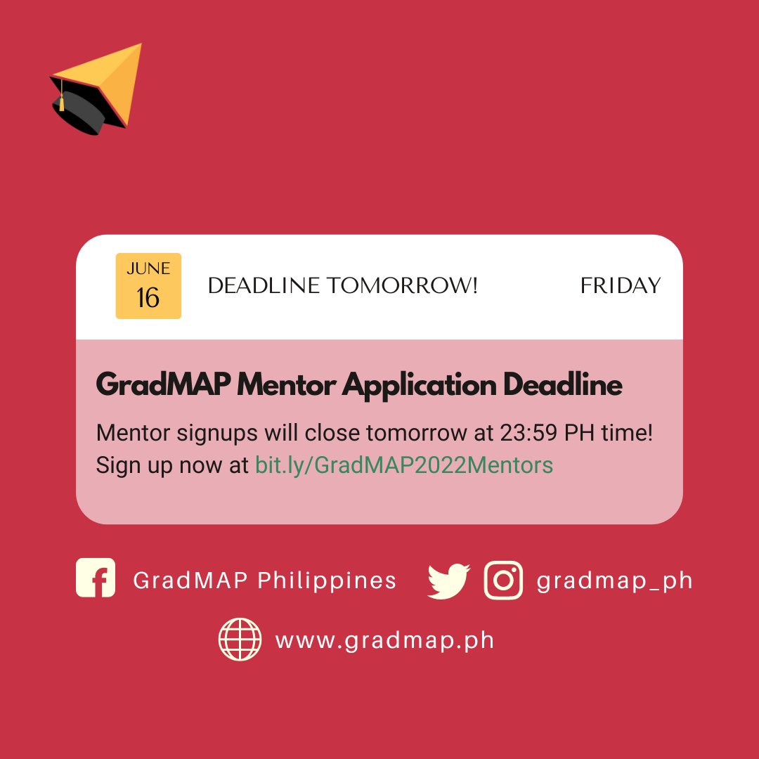 gradmap_ph's tweet image. Don’t wait! It’s your last chance to take the leap and register as a GradMAP mentor for cycle 2023!

Register now! 
📍bit.ly/gradmapmentor2…

#gradMAPmentor #pinoyscientists #sciencePH