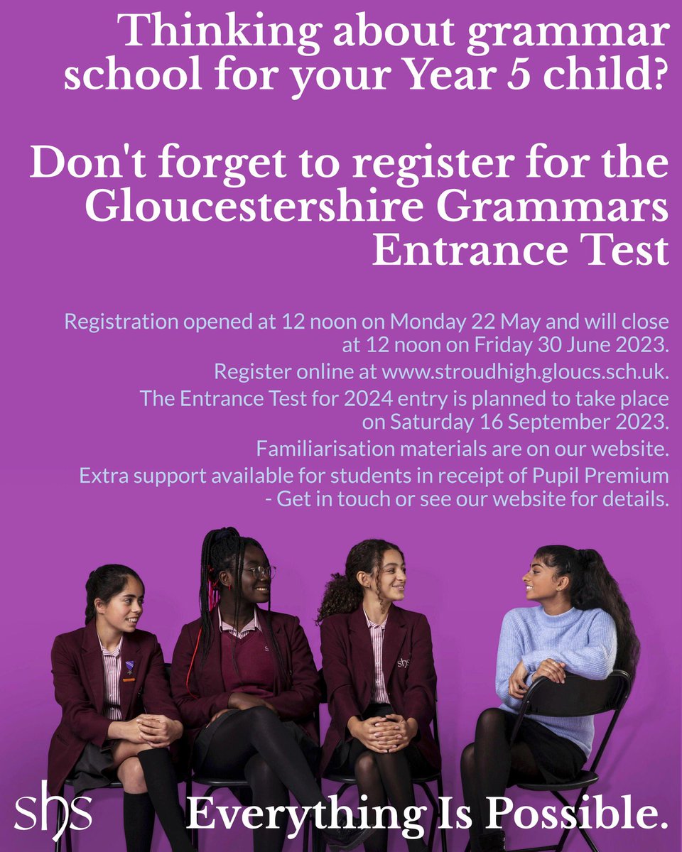 StroudHigh's tweet image. Register online for the #gloucestershiregrammars #entrancetest by 12 noon on Friday 30  June. For more information go to our website stroudhigh.gloucs.sch.uk 
#everythingispossible 

#gloucestershire11plus #gloucestershireschools #stroud #stroudandproud #gloucester #cheltenham