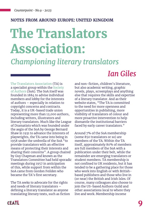 I've a piece on the history of the Translators Association in vol. 9 of the @CeatlNews e-zine Counterpoint which is out today. You can read all about it from page 9! ceatl.eu/.../2023/06/Co… (or in French [in Marie-Christine Guyon's translation] here ceatl.eu/.../2023/06/Co…)