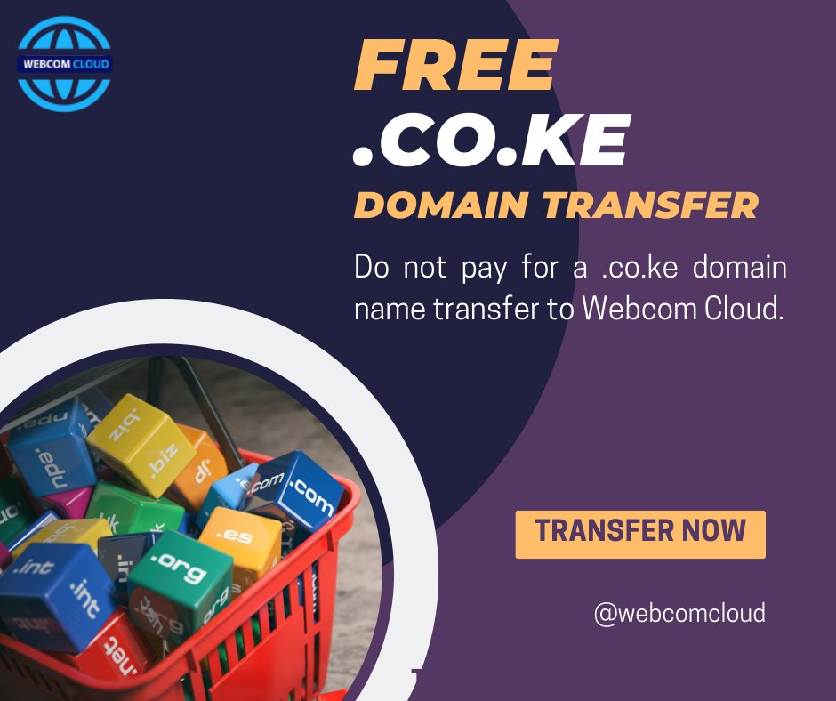 Do not pay for a .co.ke domain name transfer to Webcom Cloud. Experience seamless performance and peace of mind for your online presence.

#domaintransfer #domainregistration #webhosting