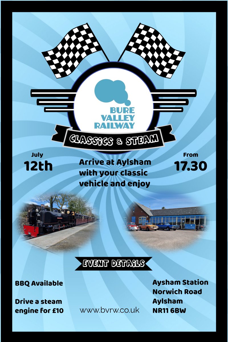 New local event Classics & Steam on July 12th @BureValley from 17:30 
#Classiccars #classiccarshow #Aylsham #burevalleyrailway #Norfolk