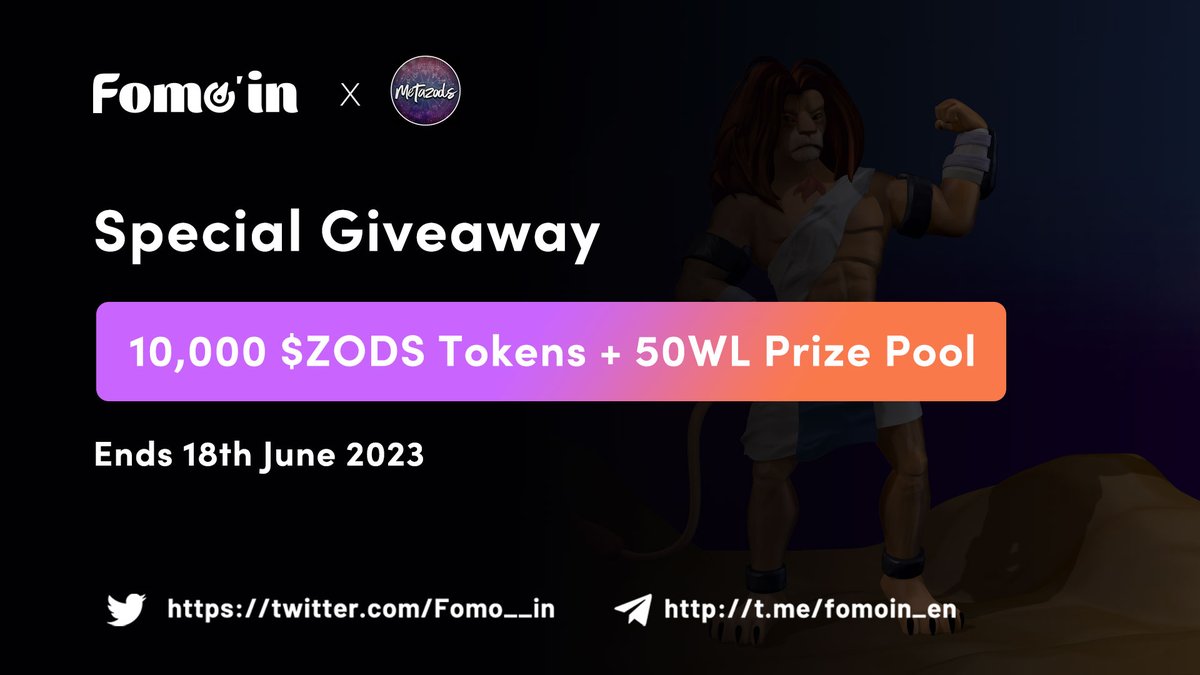 Fomo__in's tweet photo. 🥳 #Fomoin X #METAZODS Special #Giveaway 

🏆 Token Pool - 10,000 $ZODS Tokens 🎉
🎁 EXTRA -  50x WL

To Enter
✅ Follow @Fomo__in &amp; @metazodsbitcoin
✅ RT &amp; Tag 3 Friends
✅ Fill form https://t.co/d3CWjn6Oa4

#BRC20 #Airdrop #IDO #Bitcoin #NFTs #Airdrops #Tokengiveway https://t.co/Nhr93Swke5