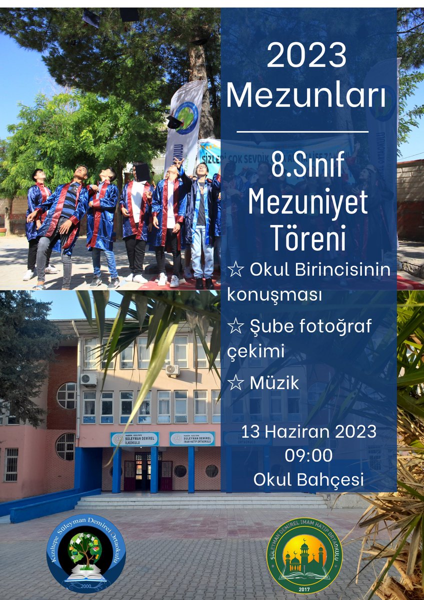 Kızıltepe Süleyman Demirel ilk.-Ort. ve İ.H.O (@sdemirel_47) on Twitter photo 8.sınıf öğrencilerimizin Mezuniyet töreni 13.06.2023 tarihinde yapılacaktır. 🎓 🎉🎇🎆
<a href="/mardinilmem/">Mardin İl Millî Eğitim Müdürlüğü</a>
<a href="/Murat69_Demir/">Murat Demir</a>
<a href="/makan47/">Mahmut Akan</a>
<a href="/kiziltepemem47/">Kızıltepe İlçe Milli Eğitim Müdürlüğü</a>
<a href="/akadirgms/">Abdulkadir Gümüş</a>
<a href="/turgutertas4/">T. Ertas</a> 8.sınıf öğrencilerimizin Mezuniyet töreni 13.06.2023 tarihinde yapılacaktır. 🎓 🎉🎇🎆
<a href="/mardinilmem/">Mardin İl Millî Eğitim Müdürlüğü</a>
<a href="/Murat69_Demir/">Murat Demir</a>
<a href="/makan47/">Mahmut Akan</a>
<a href="/kiziltepemem47/">Kızıltepe İlçe Milli Eğitim Müdürlüğü</a>
<a href="/akadirgms/">Abdulkadir Gümüş</a>
<a href="/turgutertas4/">T. Ertas</a>