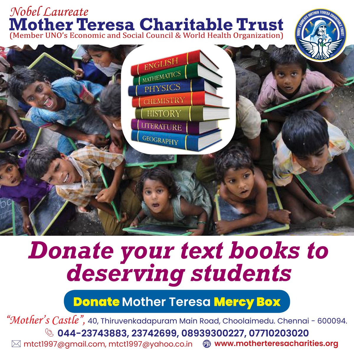 Donate your text books to deserving students
Donate Mother Teresa Mercy Box

For Donations: motherteresacharities.org/donations.php
For Joining: motherteresacharities.org/member.php
For more Info: motherteresacharities.org
#public #textbook #educationbooks #poorchildrens #educationhelp #mtf #educationwelfare