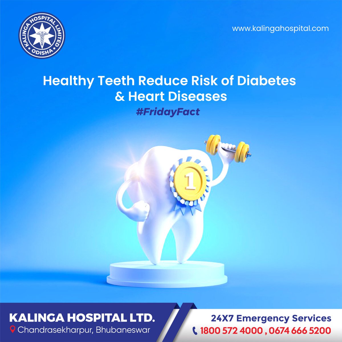 Maintaining good oral hygiene practices & visiting your dentist regularly can help prevent gum disease and reduce the potential impact on your heart and diabetes. 
#OralHealth #DentalCare #HealthySmile  #DentistVisit #DentalCheckup  #OralCareRoutine #FridayFacts #kalingahospital
