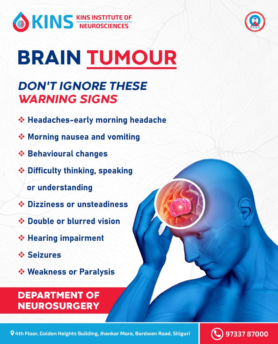 KinsHealth's tweet photo. Remember early detection and timely medical intervention are crucial for better outcomes and increased chances of recovery from brain tumour.
#Worldbraintumorday #Braintumour #braintumorawareness #braintumorsymptoms #Kinshospital #KinsInstituteofNeurosciences https://t.co/lNThQcOTBK