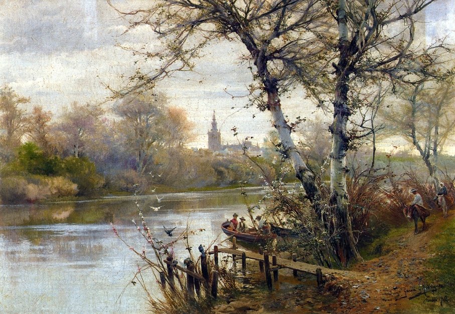 Buenos días a tod@s y feliz viernes.

'Paisaje fluvial con Sevilla al fondo' del pintor sevillano Manuel García y Rodríguez (1863-1925).