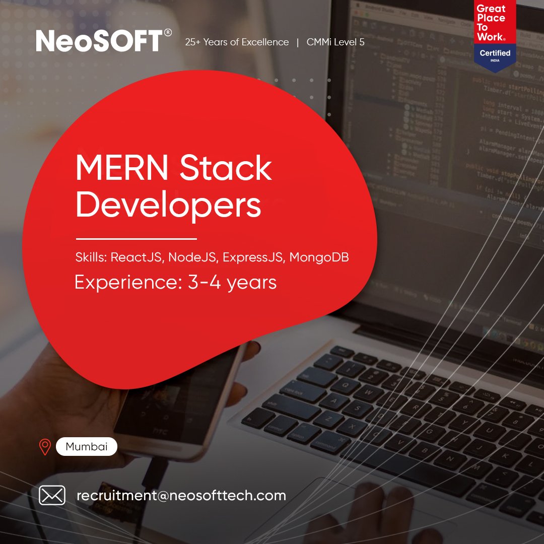 neosoftofficial's tweet image. NeoSOFT is hiring exceptional #MERNStackDevelopers!  Join us in shaping the future of #tech and #buildforbillions of users.  Be part of our dynamic team, create impactful #softwaresolutions, and make a difference. #ApplyNow to unleash your potential at NeoSOFT!