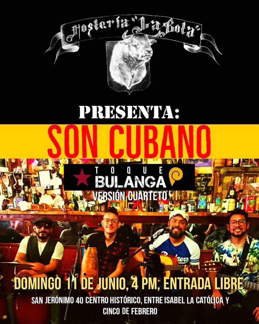 Piénsalo bien: tú, la persona ideal, son cubano de Toque Bulanga y un mojito en La Bota. Mejor plan para este domingo 11 de junio, no puede haber. En punto de las 4 pm. ¡Ya, #venalabota! San Jerónimo 40, Centro Histórico, entra Isabel La Católica y 5 de Febrero. Entrada libre.