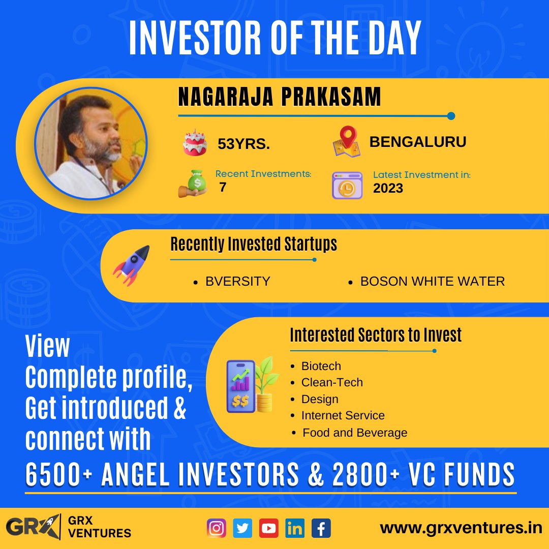 Get to know Nagaraja Prakasam, an #investor based in Bengaluru who recently invested in Bversity, Chennai. Connect and expand your network. #Grxventures
#InvestorSpotlight
#StartupInvestments
#AngelInvestors
#VentureCapital
#BengaluruInvestor
#BuiltRobots
#ELearning
#Healthcare