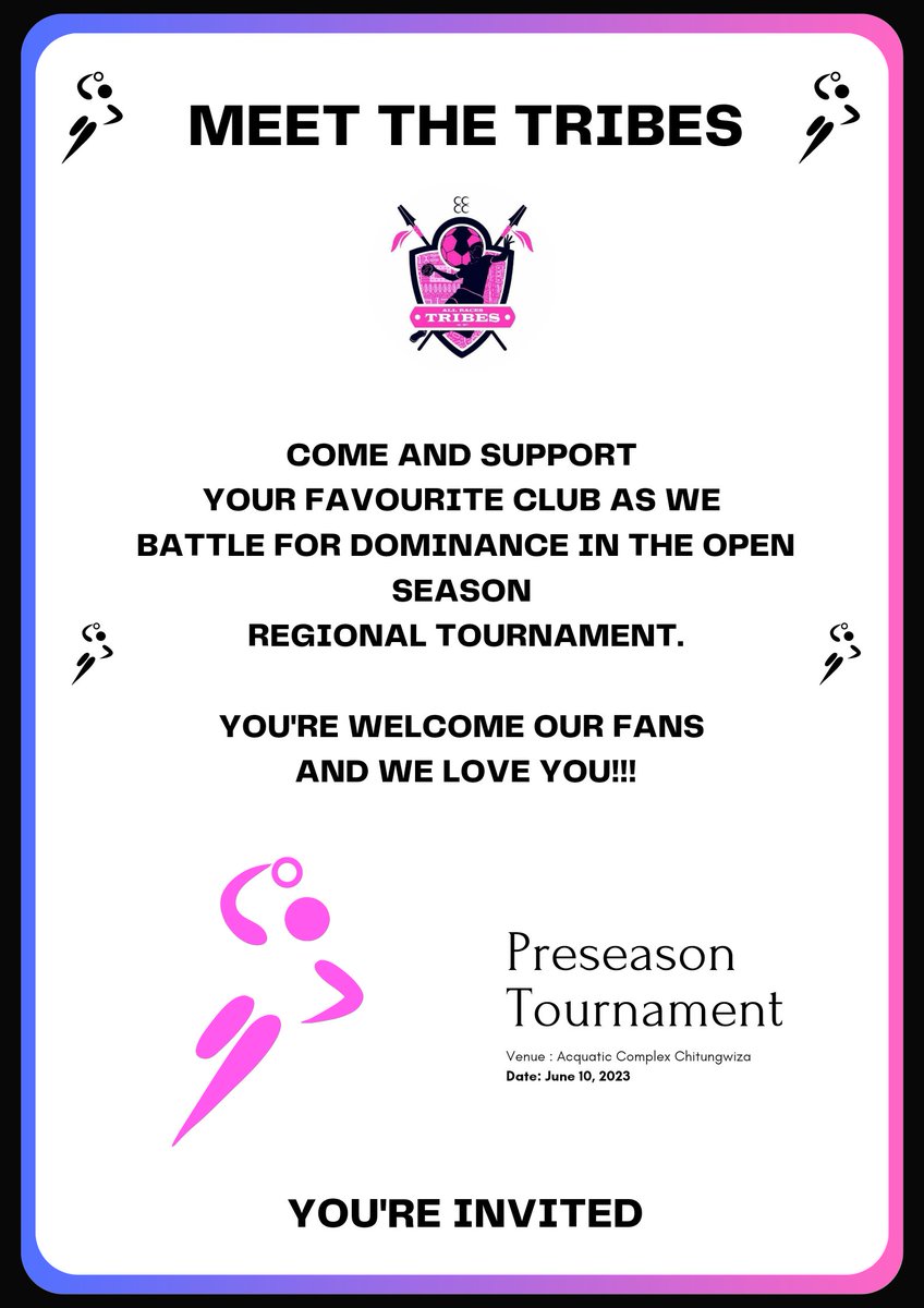 Mudhiziri_263's tweet photo. Make a date with us this Saturday as we participate in the HMPHA open season Tournament 🤾♂️ ... be part of the Tribes family 🔥
#Handballmovement
#Handballtotheworld
#Zimhandball https://t.co/IgVNWlTXcv