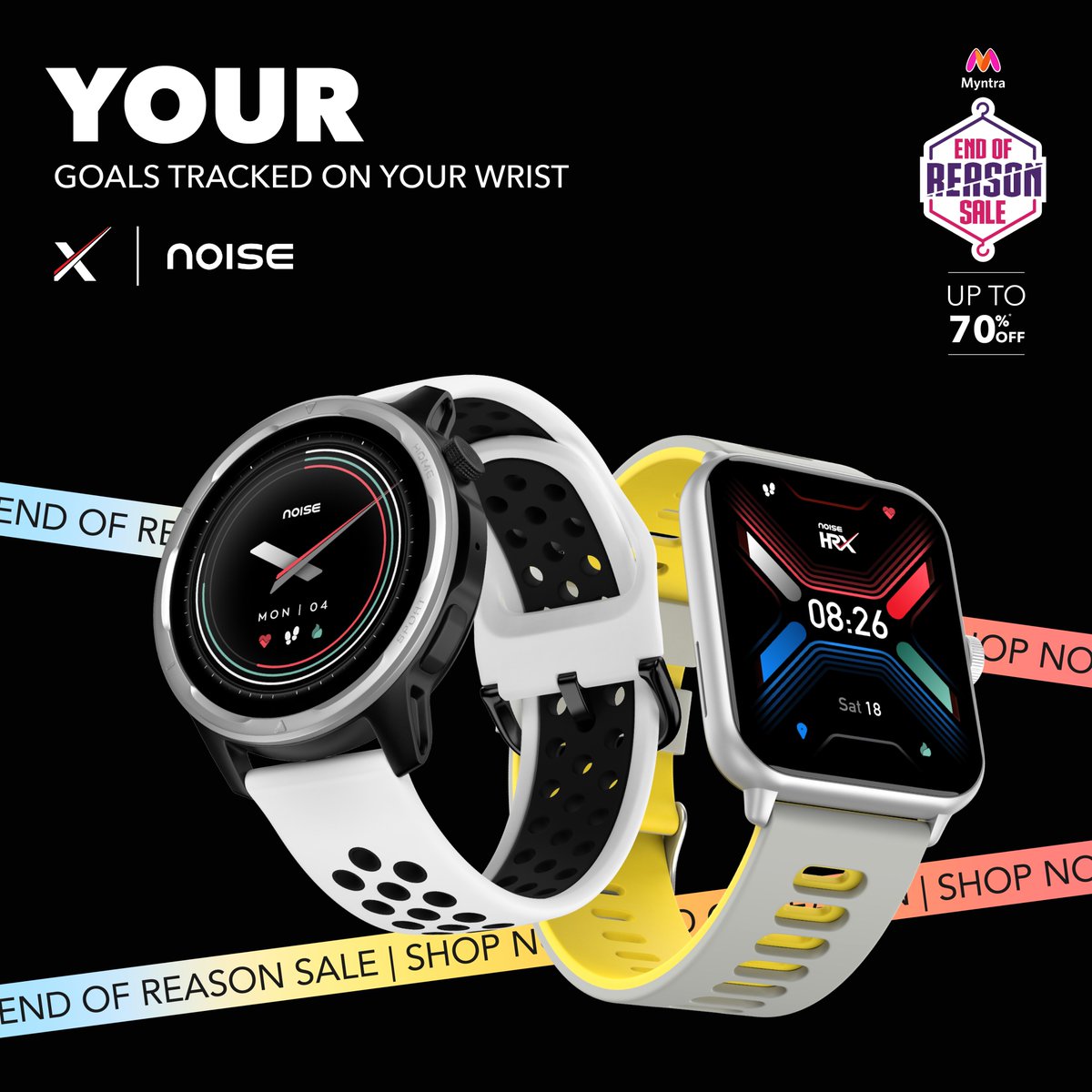 Your search for the ultimate smartwatch ends
here⚡️

Shop our collection on @myntra NOW💯
 
#MyntraEORSisLIVE #HRXSprint #HRXBounce #Noise