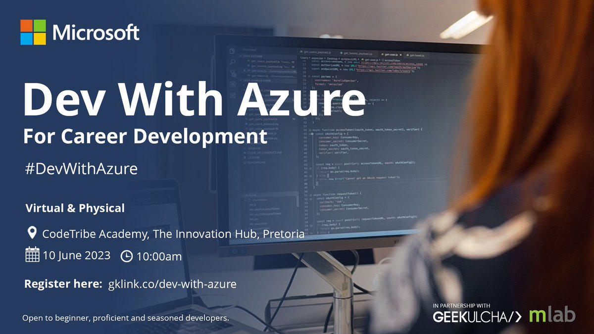 mlabsa's tweet image. Are you interested in Software Development?💻 Here's something for you, come learn how to develop Cloud Applications with Azure at this training held online and at our CodeTribe Academy facility in Tshwane.
Register now: gklink.co/dev-with-azure
#DevWithAzure
