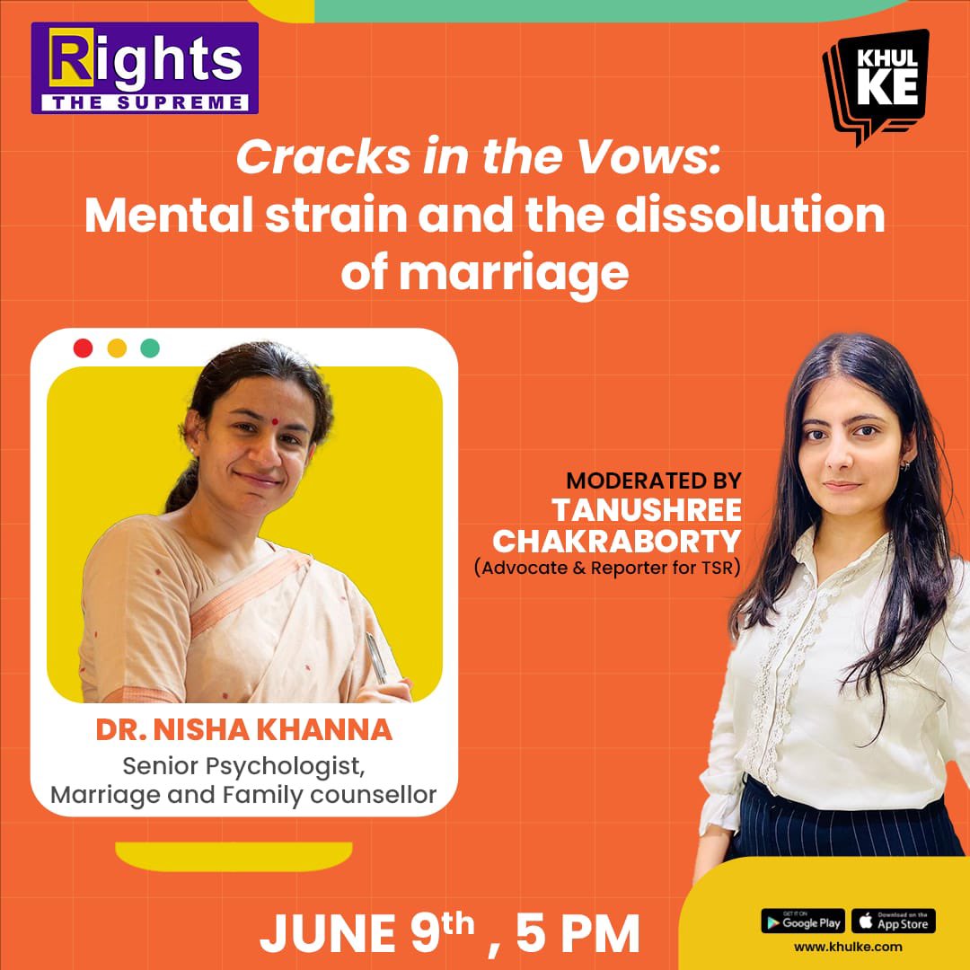 Join a thought-provoking interview with Senior Psychologist Dr Nisha Khanna, who delves into the depths of marital stress, uncovering the cracks in vows that can emerge within marriages, current psychological strain amongst youngsters.

5 PM today

Link : 
khulke.com/roundtable?id=…